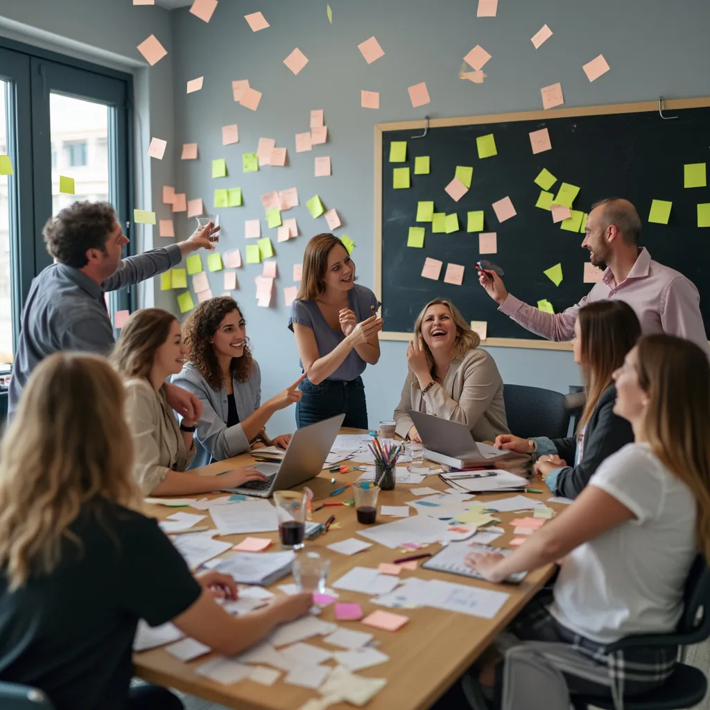 Equipo colaborando en ideas en una sala moderna